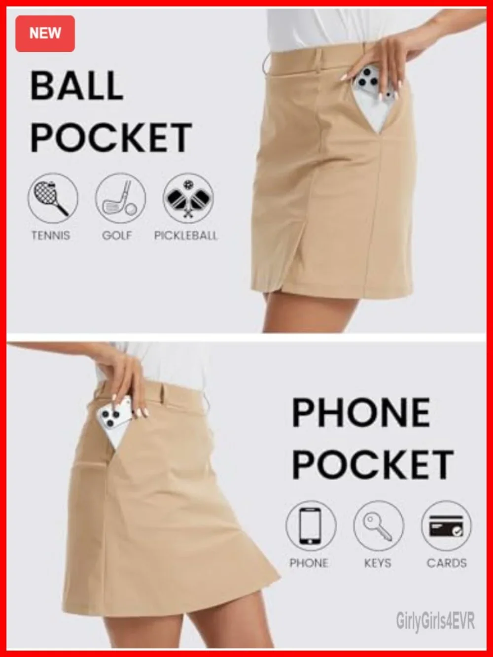 Women's Knee Length Golf Skort with Side Zipper, Pockets, Mesh Liner, Quick Dry